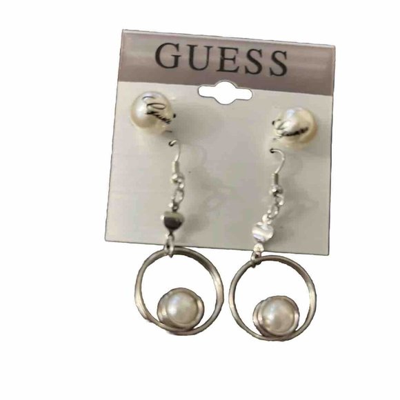 Guess Silver-Tone Faux Pearl Stud & Circle Pearl Dangling Earrings 2 pcs - BNWT - Picture 1 of 6